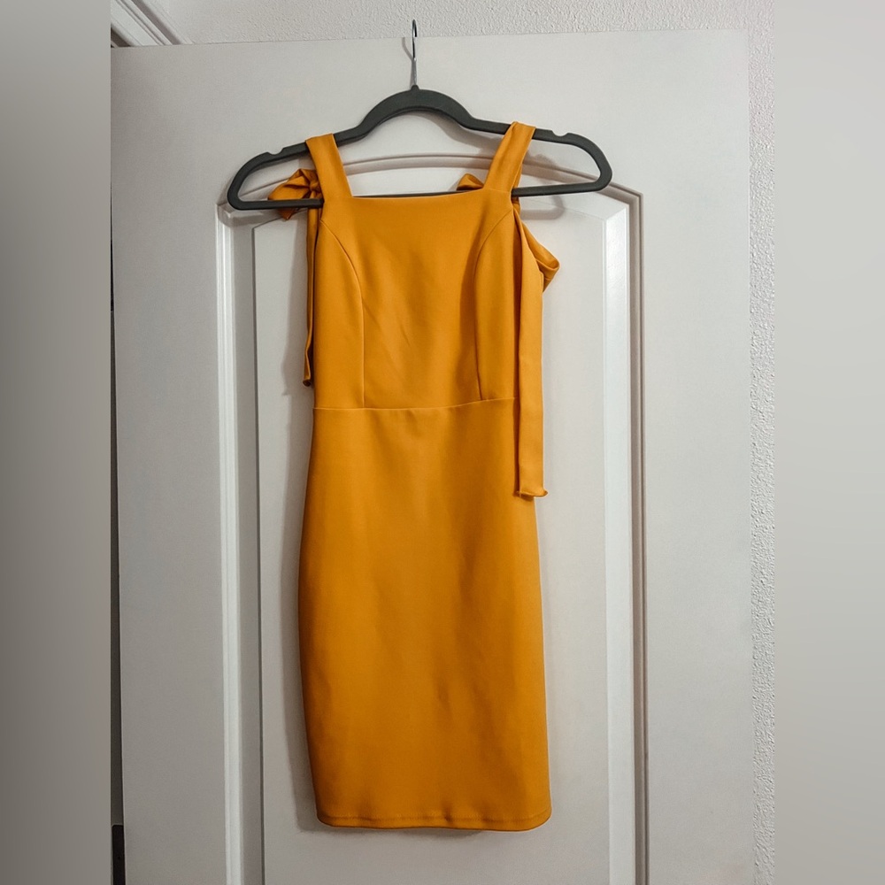 Showpo Yellow Tie Shoulder Mini Dress XS Square Neck Bodycon Cocktail